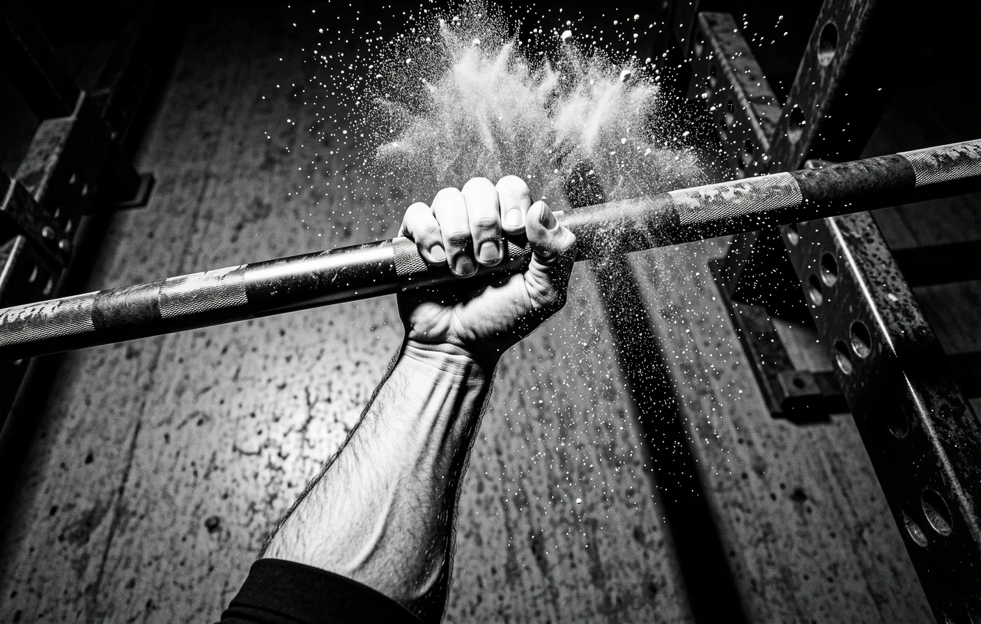 Chalked hands on a barbell